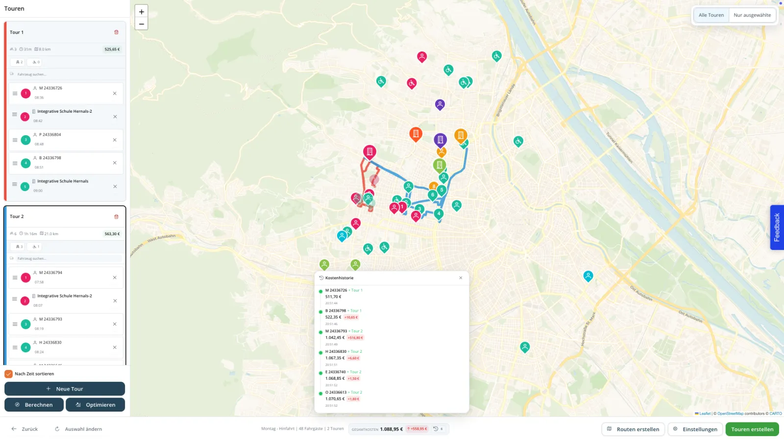 Overview of a planned route in the Vermo software