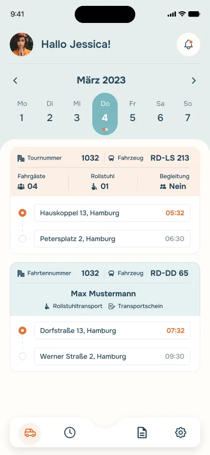 Driver view of the Vermo app showing daily tours, passengers and departure times